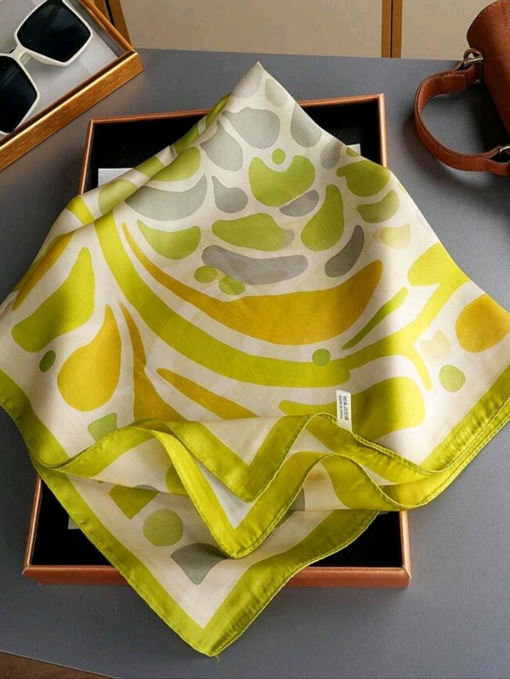 Silk-feel  Green & Gray  Square Scarf Head Scarf , Neck Scarf 70×70cm - Picture 2 of 4